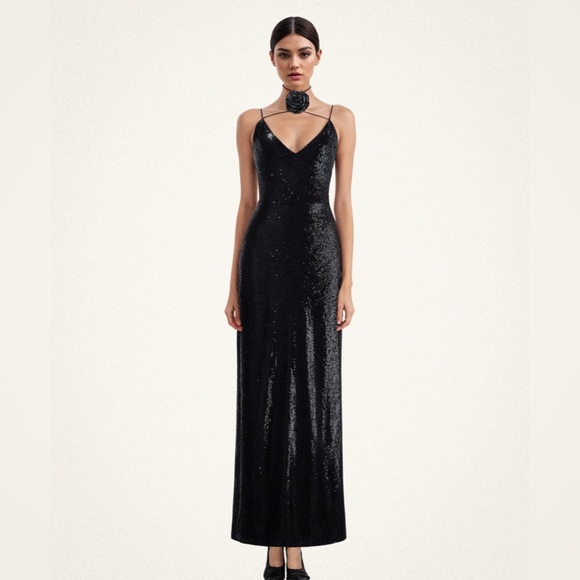HEISEY BLACK SEQUINNED ROSETTE MAXI DRESS - BLACK - Picture 1 of 3
